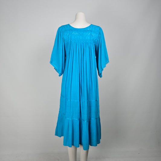 Vintage Blue Lace Detail Flare Sleeve Midi Dress Size L/XL