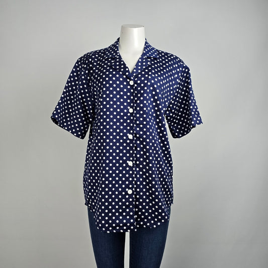 Vintage Tabi International Blue Polka Dot Button Up Blouse Top Size 10