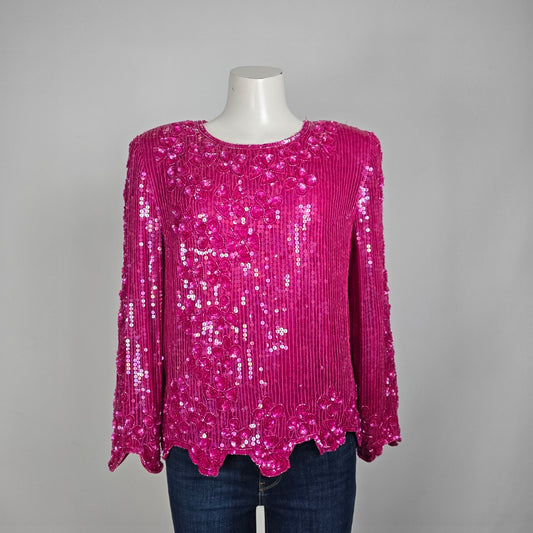 Vintage Scala Sequined Pink Floral Long Sleeve Blouse Top Size S