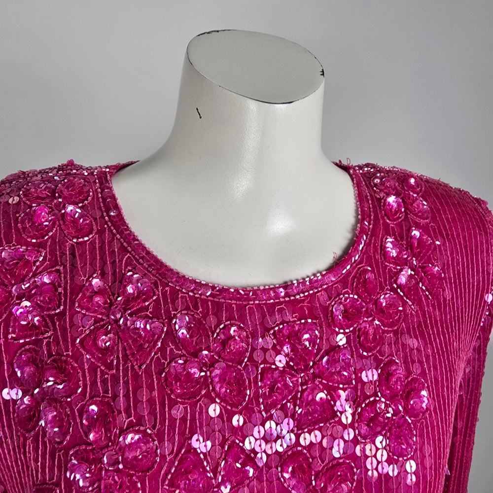 Vintage Scala Sequined Pink Floral Long Sleeve Blouse Top Size S