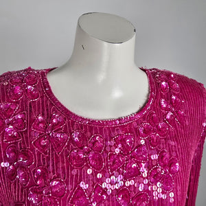 Vintage Scala Sequined Pink Floral Long Sleeve Blouse Top Size S