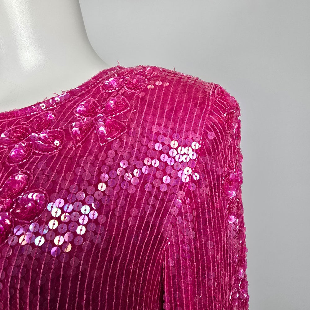 Vintage Scala Sequined Pink Floral Long Sleeve Blouse Top Size S