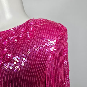 Vintage Scala Sequined Pink Floral Long Sleeve Blouse Top Size S