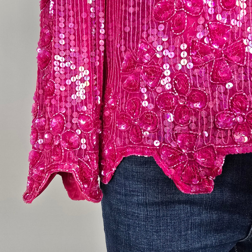 Vintage Scala Sequined Pink Floral Long Sleeve Blouse Top Size S