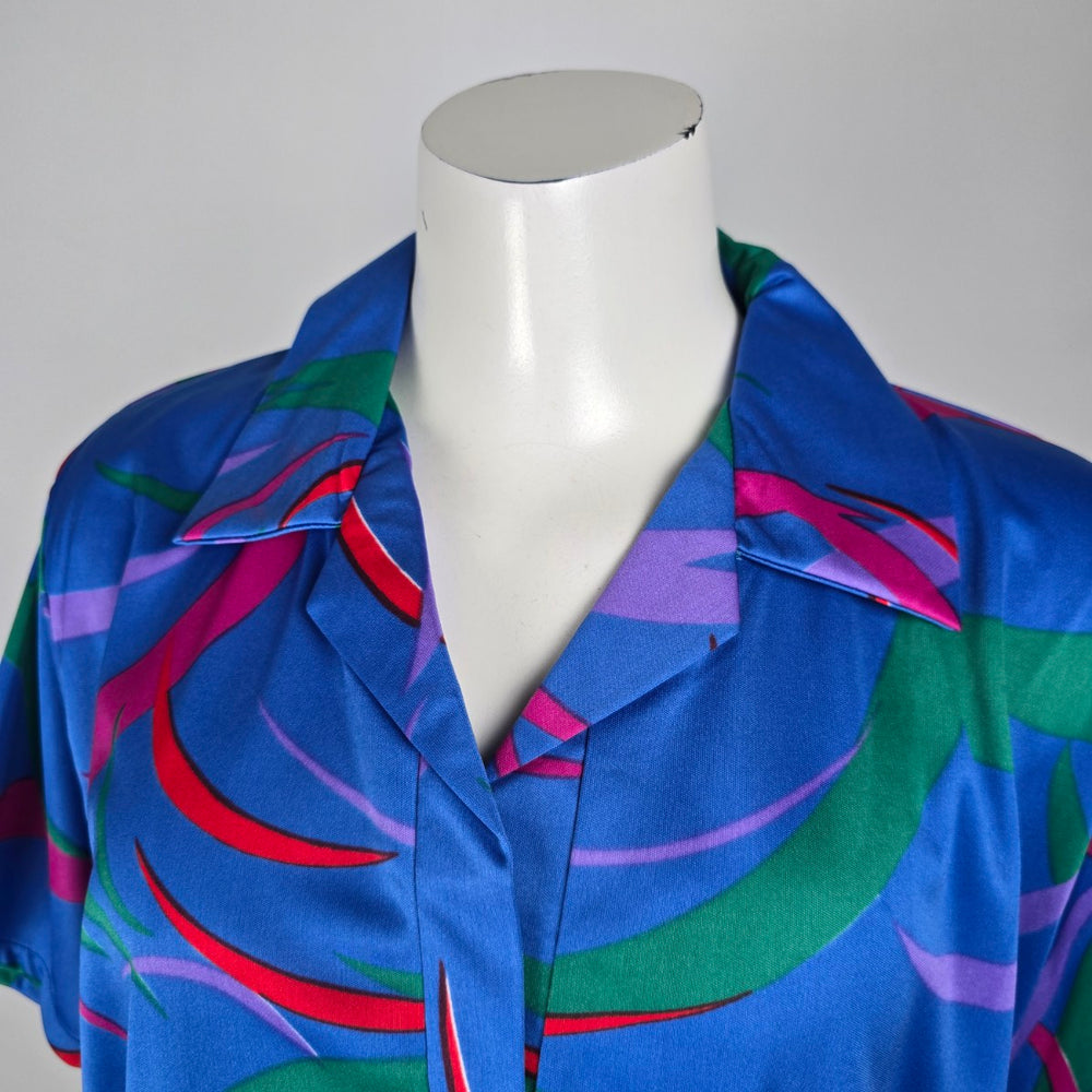 Vintage Blue Psychedelic Print Collared Short Sleeve Top Size L
