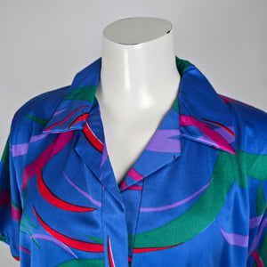 Vintage Blue Psychedelic Print Collared Short Sleeve Top Size L