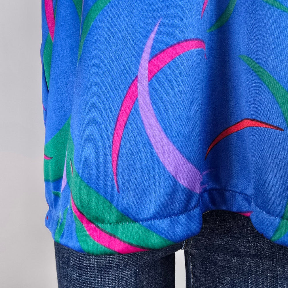 Vintage Blue Psychedelic Print Collared Short Sleeve Top Size L