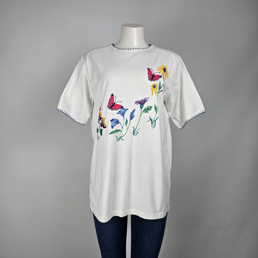 Vintage White Butterfly Short Sleeve T-Shirt Size L/XL