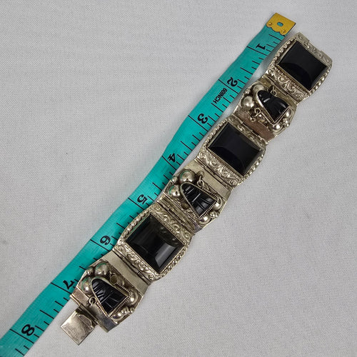 Vintage Taxco 925 Onyx Carved Silver Link Bracelet