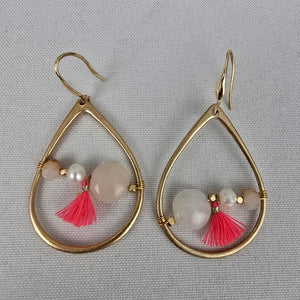 Matt Gold & Pink Natural Stone Fringe Drop Earrings