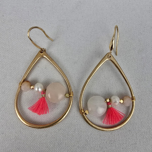 Matt Gold & Pink Natural Stone Fringe Drop Earrings