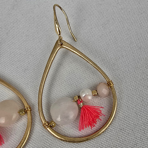 Matt Gold & Pink Natural Stone Fringe Drop Earrings