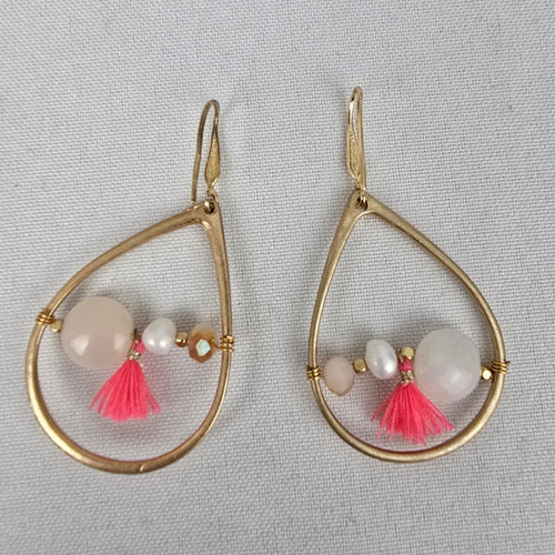 Matt Gold & Pink Natural Stone Fringe Drop Earrings