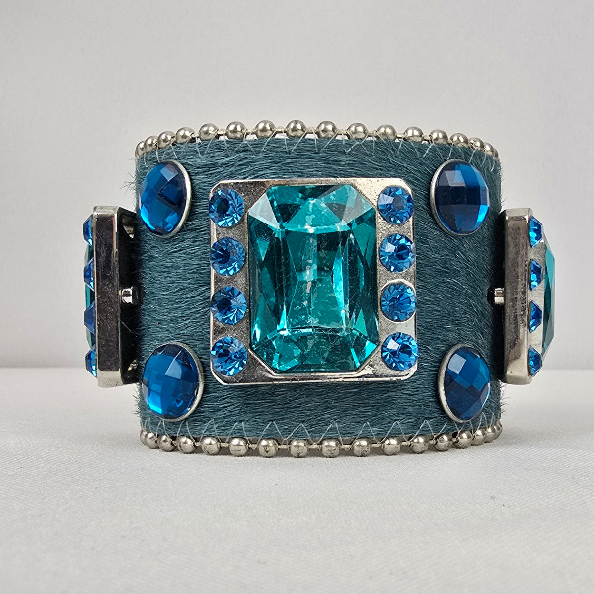 Genuine Leather Blue Calf Hair Crystal Stone Wide Snap Bracelet