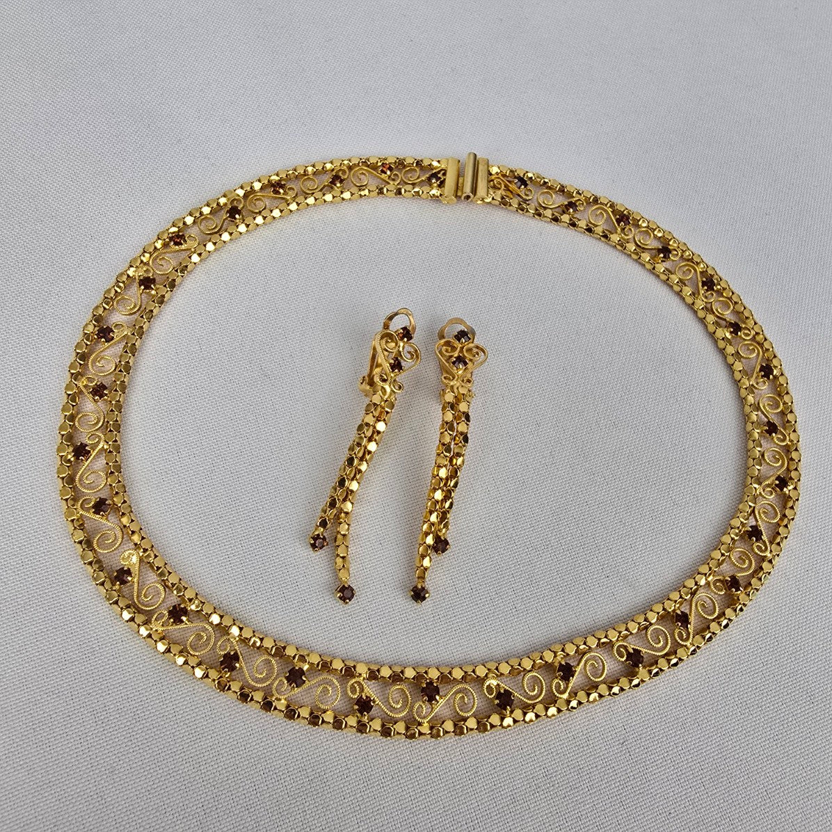 Vintage Gold Tone Brown Crystal Necklace & Earring Set