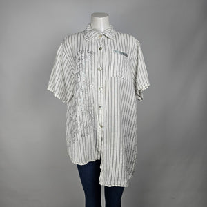 Elissia Made In Italy Linen White Pin Stripped Asymmetrical Button Up Blouse Size M