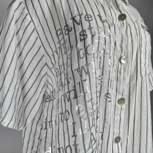 Elissia Made In Italy Linen White Pin Stripped Asymmetrical Button Up Blouse Size M
