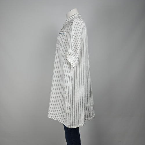 Elissia Made In Italy Linen White Pin Stripped Asymmetrical Button Up Blouse Size M