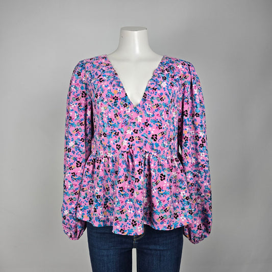 Vero Moda Pink & Blue Floral Ruffle Blouse Top Size M