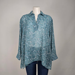 Cabi Blue Floral Sheer Collared High Low Blouse Top Size XS