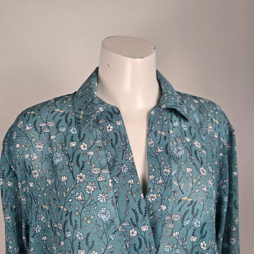 Cabi Blue Floral Sheer Collared High Low Blouse Top Size XS