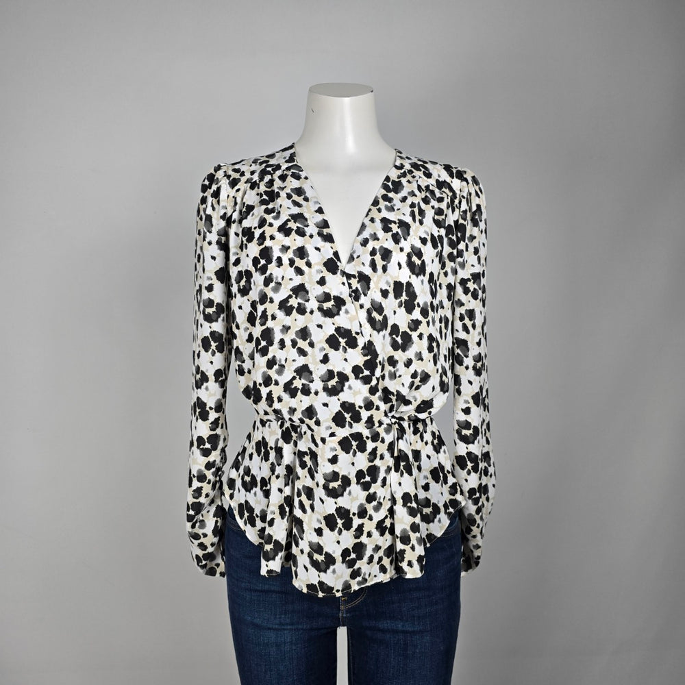 Cabi Leopard Animal Print Ruched Sleeve Wrap Top Size S