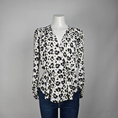 Cabi Leopard Animal Print Ruched Sleeve Wrap Top Size S