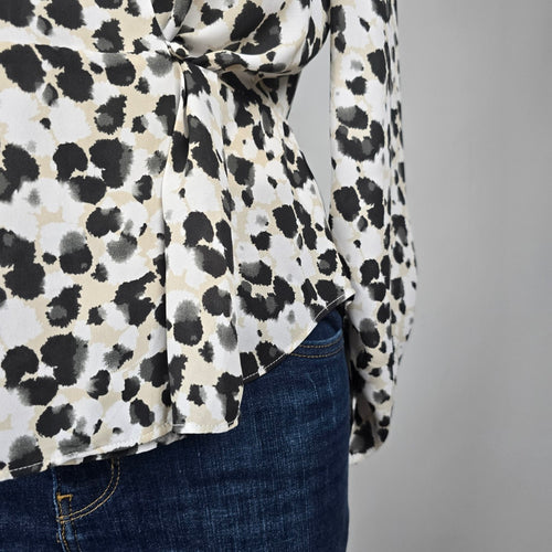 Cabi Leopard Animal Print Ruched Sleeve Wrap Top Size S