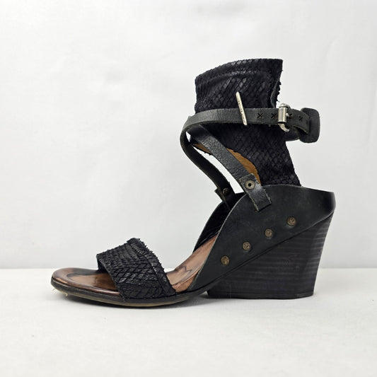 AS98 Black Leather Wedge Sandals Size 8