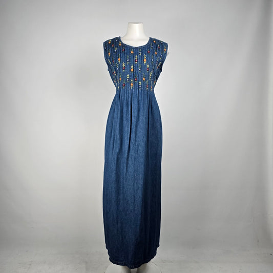 Vintage Poems Denim Floral Embroidered Maxi Dress Size 8