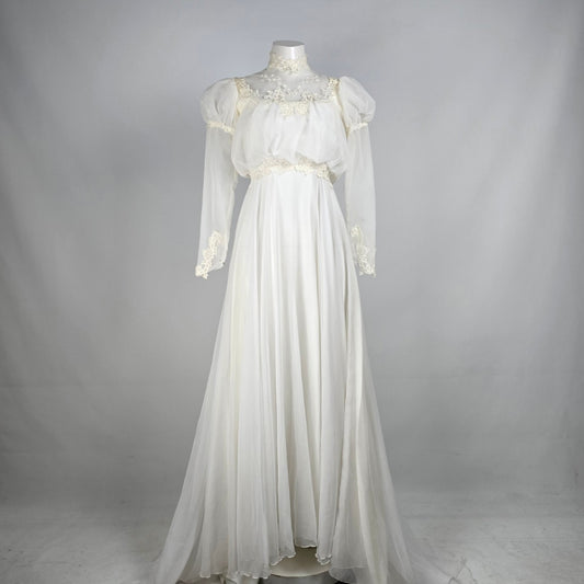 Vintage White Lace Puff Sleeve High Neck Wedding Dress Size XS