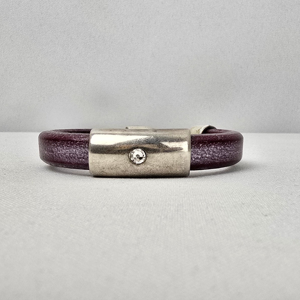 Sterling Silver Crystal Stud Purple Leather Bracelet