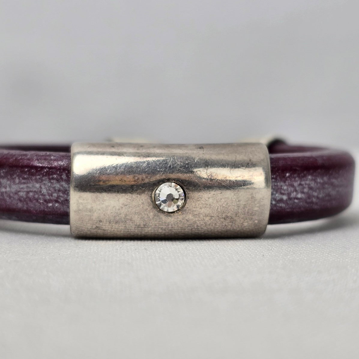 Sterling Silver Crystal Stud Purple Leather Bracelet