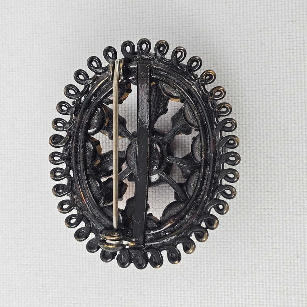 Vintage Black Colorful Crystal Stud Oval Statement Brooch