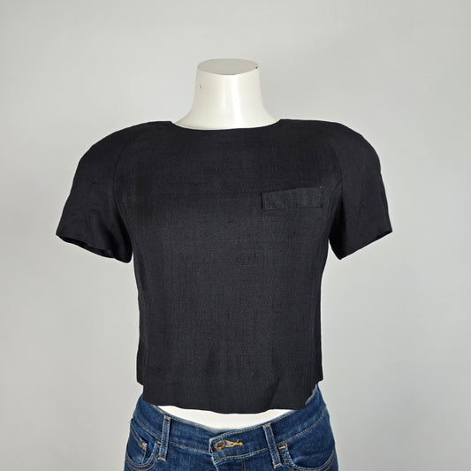 Vintage Richard Warren Black Cotton Button Back Cropped Blouse Size 6