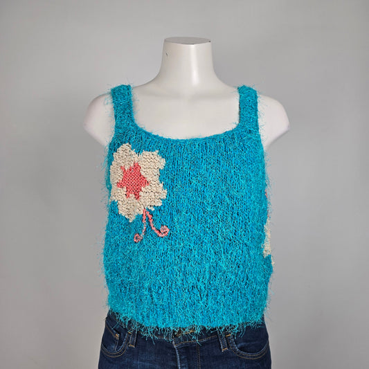 Vintage Mona's Handknit Teal Flower Knit Tank Top Size S