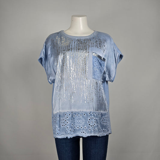 Elissia Made In Italy Blue Metallic Cotton Short Sleeve Top Size XL
