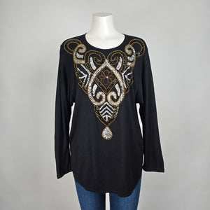 Vintage Black Sequined Beaded Floral Western Long Sleeve Top Size S
