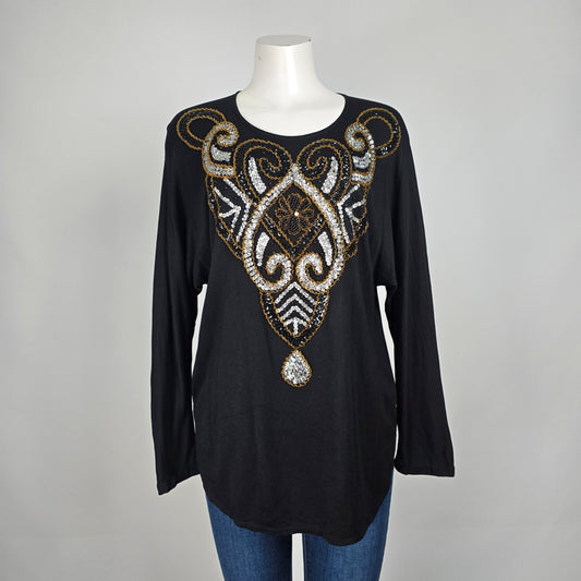 Vintage Black Sequined Beaded Floral Western Long Sleeve Top Size S