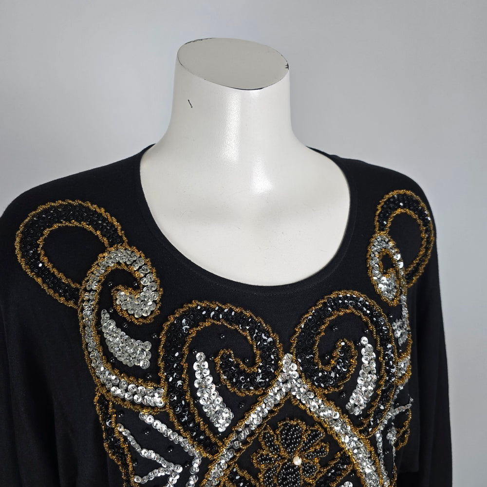 Vintage Black Sequined Beaded Floral Western Long Sleeve Top Size S