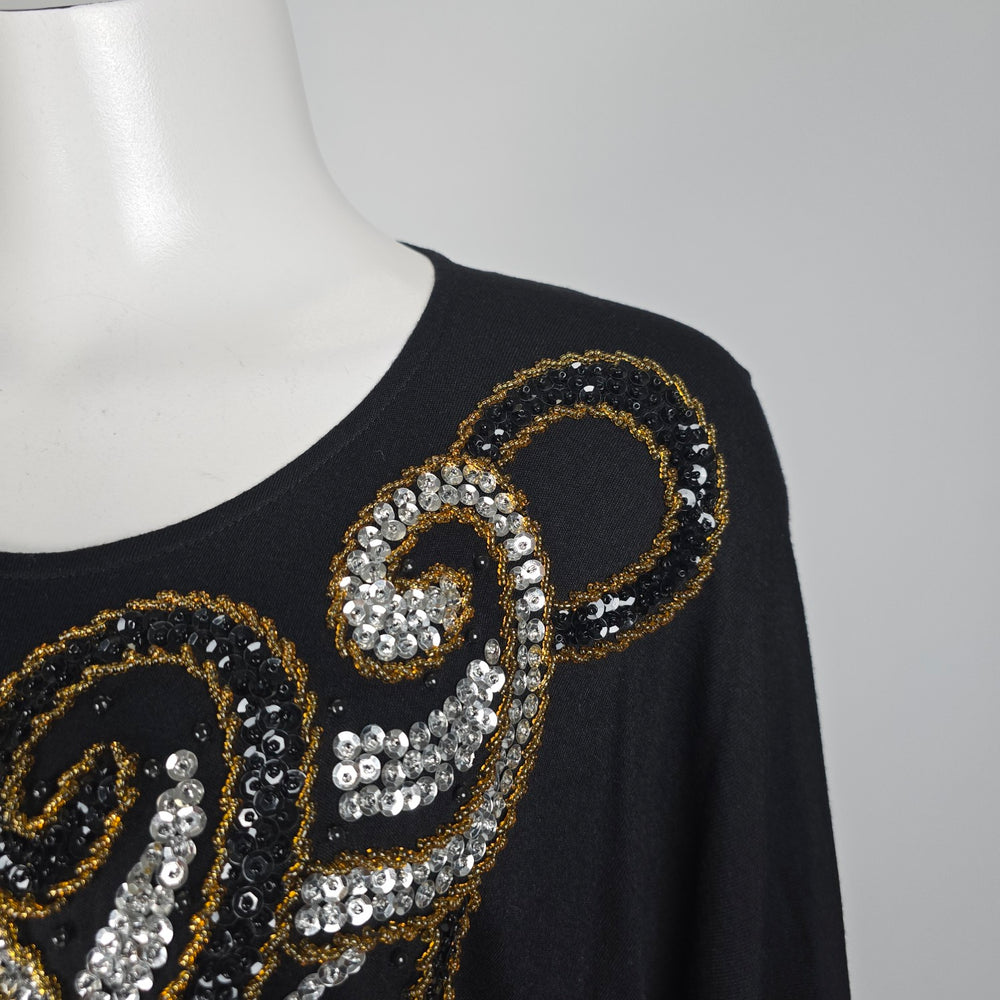 Vintage Black Sequined Beaded Floral Western Long Sleeve Top Size S