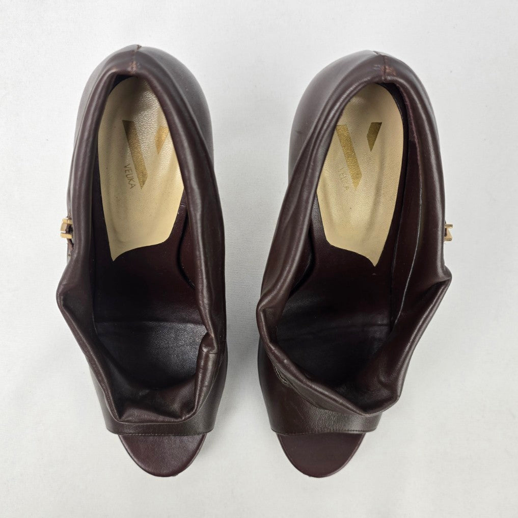 Velika Brown Leather Peep Toe Heeled Shoes Size 7
