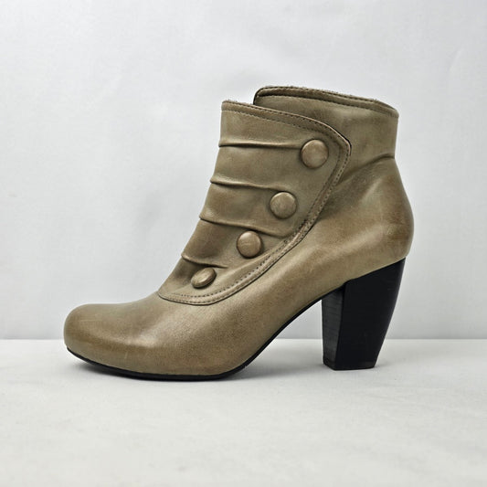 Miz Mooz Taupe Leather Denise Button Detail Heeled Ankle Boot Size 10
