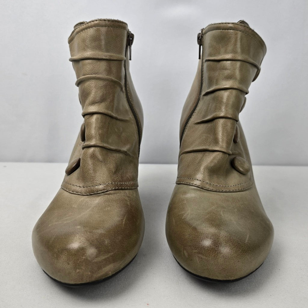Miz Mooz Taupe Leather Denise Button Detail Heeled Ankle Boot Size 10