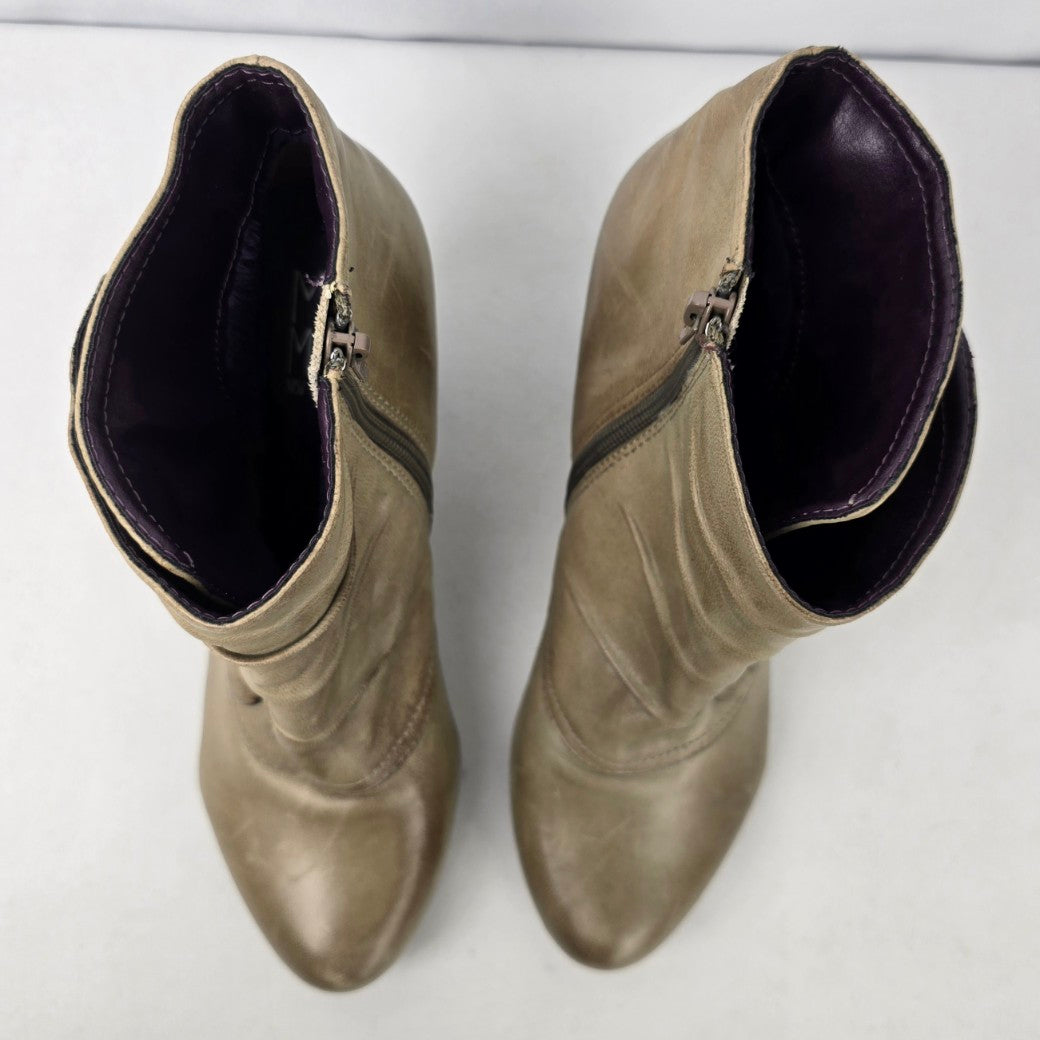 Miz Mooz Taupe Leather Denise Button Detail Heeled Ankle Boot Size 10