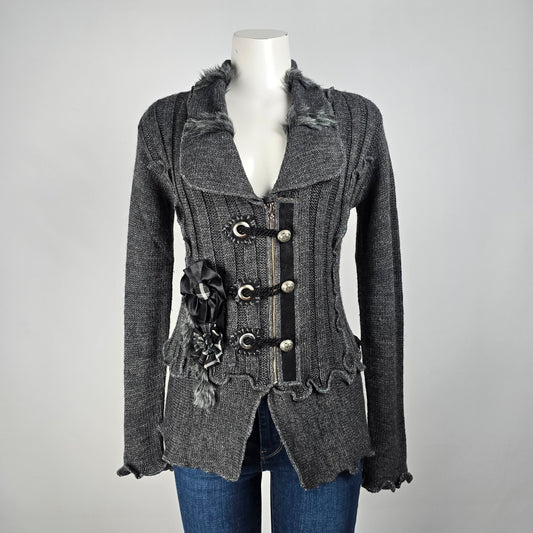 Oreya Grey Floral Detail Knit Cardigan Size S