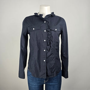 Talbots Petites Navy Blue Cotton Ruffle Detail Button Up Blouse Size 6p