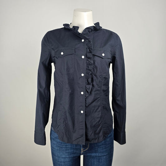 Talbots Petites Navy Blue Cotton Ruffle Detail Button Up Blouse Size 6p