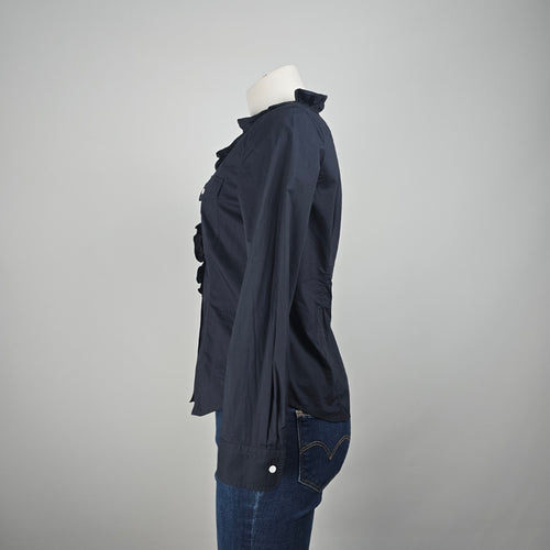 Talbots Petites Navy Blue Cotton Ruffle Detail Button Up Blouse Size 6p