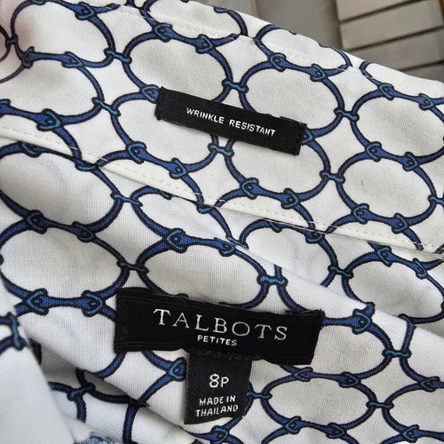 Talbots Petites White Chain Print Cotton Button Up Blouse Top Size 8p